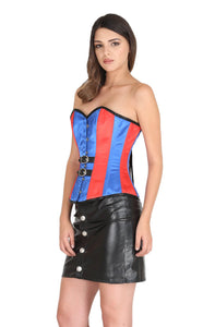 Red and Blue Satin Corset Gothic Burlesque Waist Training Bustier Overbust Black Leather Skirt Dress-