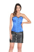 Plus Size Blue Satin Spiral Steel Boned LONGLINE Overbust Corset Waist Training With Black Leather Skirt Corset Dress