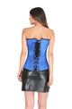 Plus Size Blue Satin Spiral Steel Boned LONGLINE Overbust Corset Waist Training With Black Leather Skirt Corset Dress