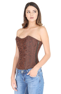 Brown Brocade Wood Beads Work Zipper Plus Size Corset Waist Training Gothic Costume Overbust Bustier Top