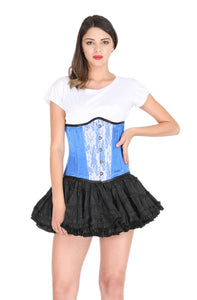 Blue Satin Spiral Steel Boned Corset White Lace Gothic Burlesque Costume Waist Training Underbust Bustier Top-