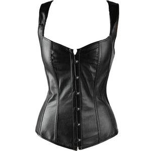 Black Faux Leather Plus Size Shoulder Straps Overbust Corset Waist Training - CorsetsNmore