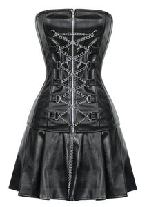 Black Faux Leather Laced Chain Zipper Steampunk Corset Overbust With Skirt - CorsetsNmore