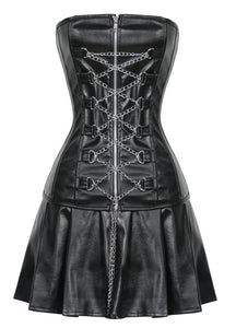 Black Faux Leather Laced Chain Plus Size Overbust Corset Waist Training With Skirt - CorsetsNmore