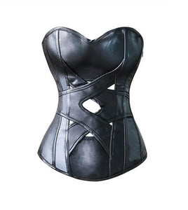 Black Faux Leather Gothic Steampunk Corset Waist Training Overbust - CorsetsNmore