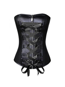 Black Faux Leather Satin Lace Plus Size Overbust Corset Waist Training - CorsetsNmore