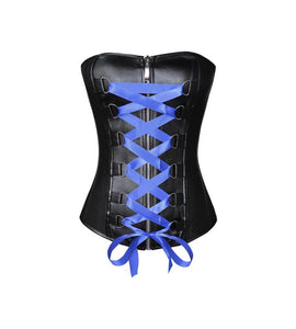 Black Faux Leather Blue Satin Lace Gothic Steampunk Corset Overbust - CorsetsNmore
