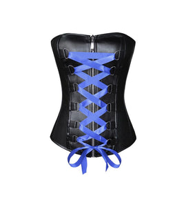 Black Faux Leather Satin Lace Steampunk Overbust Corset Plus Size Waist Training - CorsetsNmore