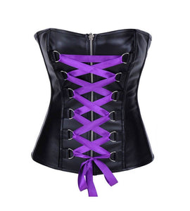 Black Faux Leather Satin Lace Steampunk Corset Waist Training Overbust - CorsetsNmore
