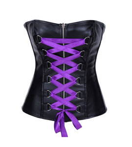 plus Size Black Faux Leather Purple Satin Lace Gothic Overbust Corset Waist Training Bustier Steampunk Costume