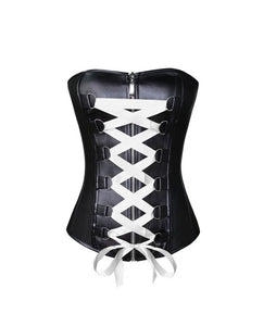 Black Faux Leather Satin Lace Gothic Steampunk Corset Waist Training Overbust - CorsetsNmore