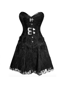 Black Satin Net Overlay Gothic Burlesque Corset Overbust Dress - CorsetsNmore