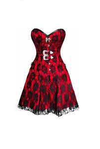 Red Satin And Black Net Overlay Burlesque Plus Size Overbust Corset Dress