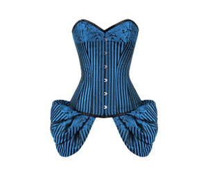 Blue Black Brocade Side Flounce Burlesque Plus Size Overbust Corset Waist Training - CorsetsNmore