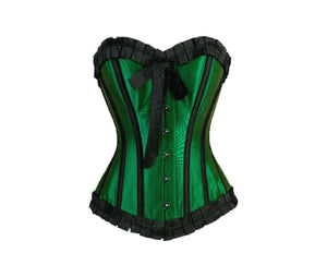 Green Satin Black Frill Retro Burlesque Plus Size Overbust Corset Waist Training - CorsetsNmore