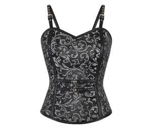 Black Brocade Leather Shoulder Straps Plus Size Overbust Corset Waist Training Burlesque Costume - CorsetsNmore