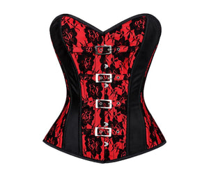 Red Black Satin Net Gothic Burlesque Plus size Overbust Corset Waist Training - CorsetsNmore