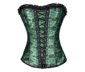 Green Satin Black Net Gothic Burlesque Plus Size Overbust Corset Waist Training - CorsetsNmore