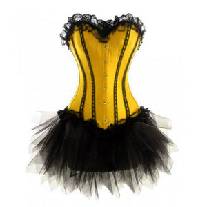 Plus Size Yellow Satin Black Net Burlesque Costume Overbust Corset Dress - CorsetsNmore