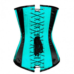 Plus Size Baby Blue And Black Satin LONGLINE Overbust Corset Burlesque Bustier - CorsetsNmore