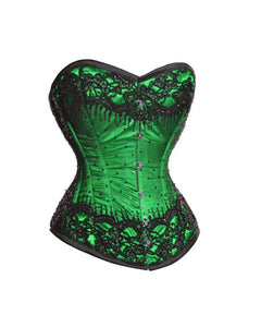 Plus Size Green Satin Corset Black Sequins Gothic Burlesque Waist Training Overbust