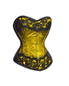 Plus Size Yellow Glossy Satin With Sequins Burlesque Corset Waist Training Overbust