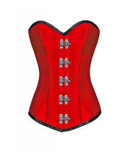 Red Silk with Silver Clasps Gothic Steampunk Corset LONGLINE Overbust