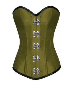 Olive Green Satin Seal Lock Gothic Steampunk Corset LONGLINE Overbust