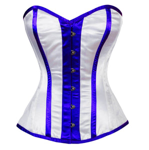 White Satin Corset Blue Stripes Burlesque Waist Training Overbust Top