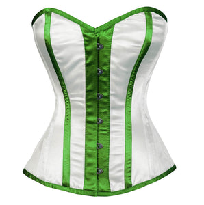 White Satin Corset Green Stripes Gothic Burlesque Waist Training Overbust