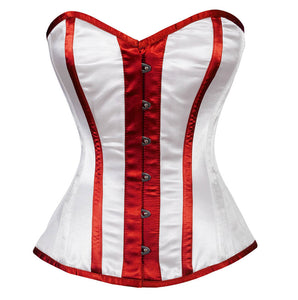 White Glossy Satin Corset Red Stripes Burlesque Waist Training Overbust Bustier Valentine Top