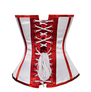 White Glossy Satin Corset Red Stripes Burlesque Waist Training Overbust Bustier Valentine Top