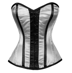 White Satin Corset Black Stripes Gothic Burlesque Waist Training Overbust