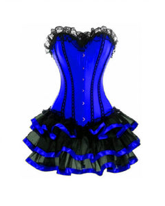 Blue Satin Corset Waist Training Black Frill Tutu Skirt Gothic Burlesque Bustier Overbust