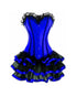 Plus Size Blue Satin Corset Waist Training Black Frill Tutu Skirt Gothic Burlesque Bustier Overbust