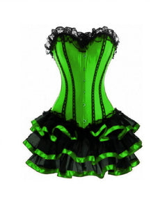 Green Satin Corset With Black Frill Tutu Skirt Gothic Burlesque Overbust Dress