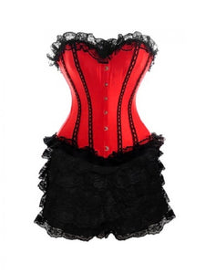 Red Satin Corset With Black Frill Tutu Skirt Gothic Burlesque Valentine Overbust Dress