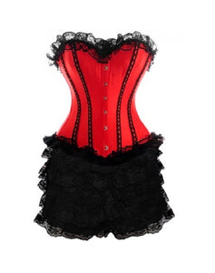 Red Satin Black Lace Tutu Skirt Gothic Plus Size Corset Burlesque Costume Overbust Dress