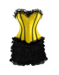 Yellow Satin Corset Black Frill Tutu Skirt Waist Training Costume Overbust Dress