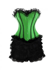 Plus Size Green Satin Corset Black Frill Tutu Skirt Bustier Waist Training Overbust Dress