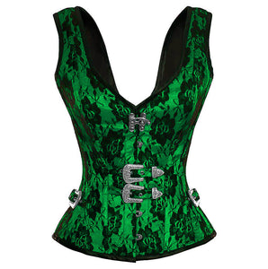 Plus Size Green Satin Corset Net Covered Shoulder Strap Gothic Waist Training Overbust Mardi Gras Costume