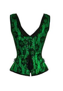 Plus Size Green Satin Corset Net Covered Shoulder Strap Gothic Waist Training Overbust Mardi Gras Costume