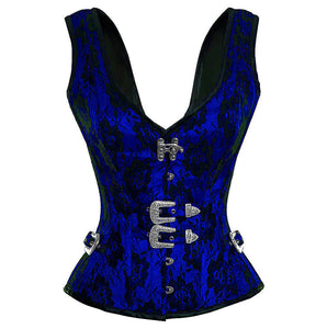 Plus Size Blue Satin Corset Net Covered Shoulder Strap Gothic Waist Training Overbust Costume
