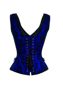 Blue Satin Corset Net Covered Shoulder Strap Gothic Waist Training Overbust Costume
