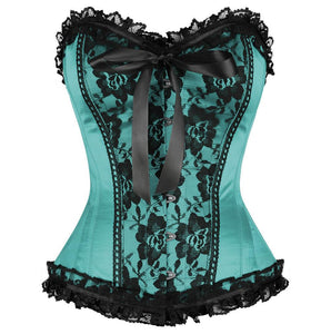 Plus Size Satin Corset And Black Frill And Net Burlesque Bustier Overbust Costume - CorsetsNmore