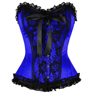 Plus Size Blue Satin Corset Waist Training Black Frill Net Gothic Burlesque Bustier Overbust