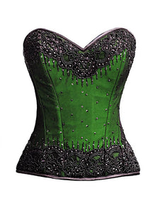 Green Satin Corset Black Handmade Sequins Gothic Waist Training Overbust Costume