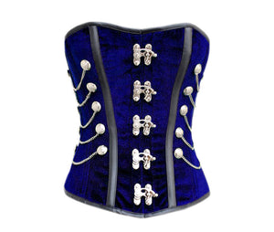 Blue Velvet Corset Black Faux Leather Strips Gothic Steampunk Overbust Costume