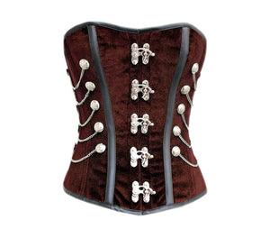Plus Size Brown Velvet Black Faux Leather Corset Strips Gothic Waist Training Overbust Costume