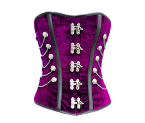 Purple Velvet Black Faux Leather Stripes Gothic Corset Overbust Costume for Mardi Gras